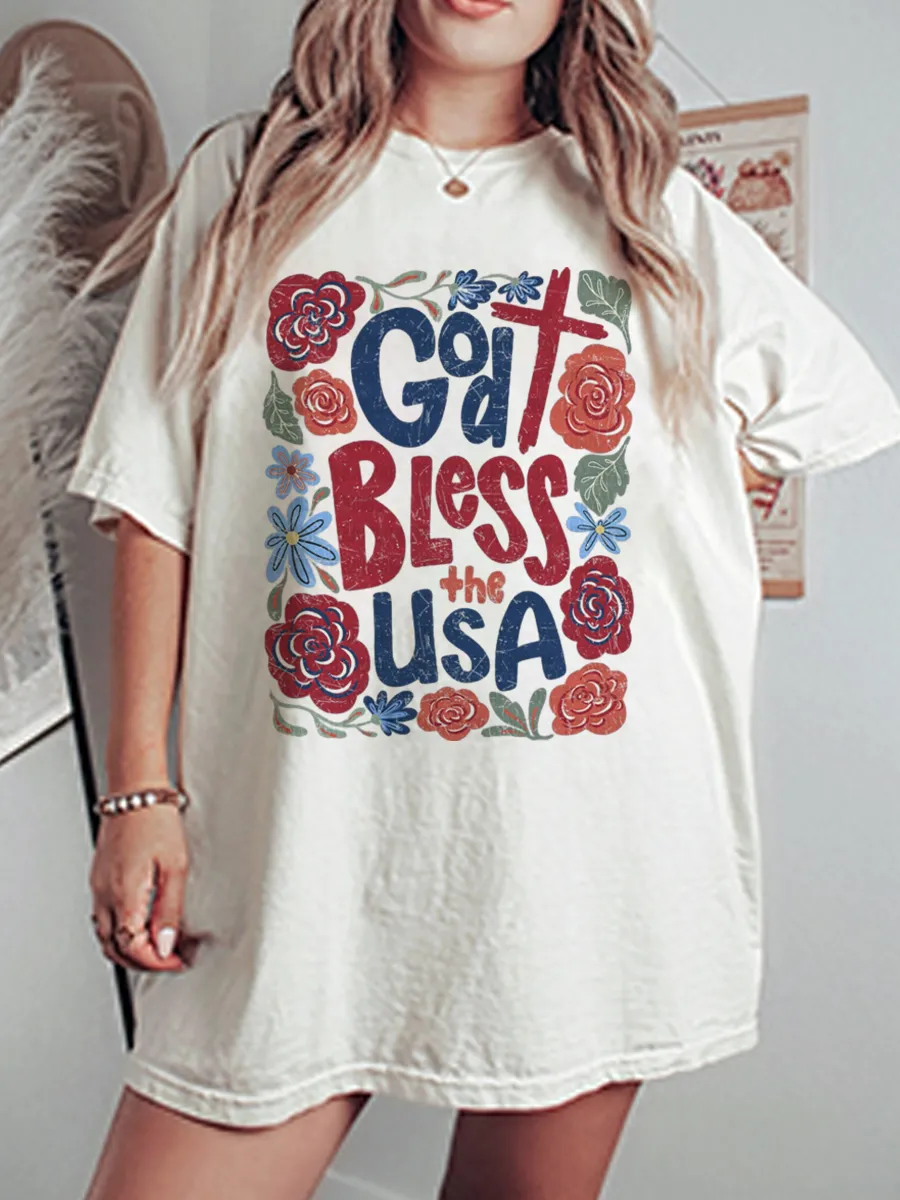 Vintage God Bless The USA Flowers Oversize Graphic Tee