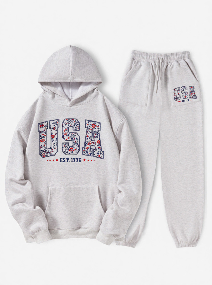 Vintage Floral Usa Oversize Graphic Hoodie Suit