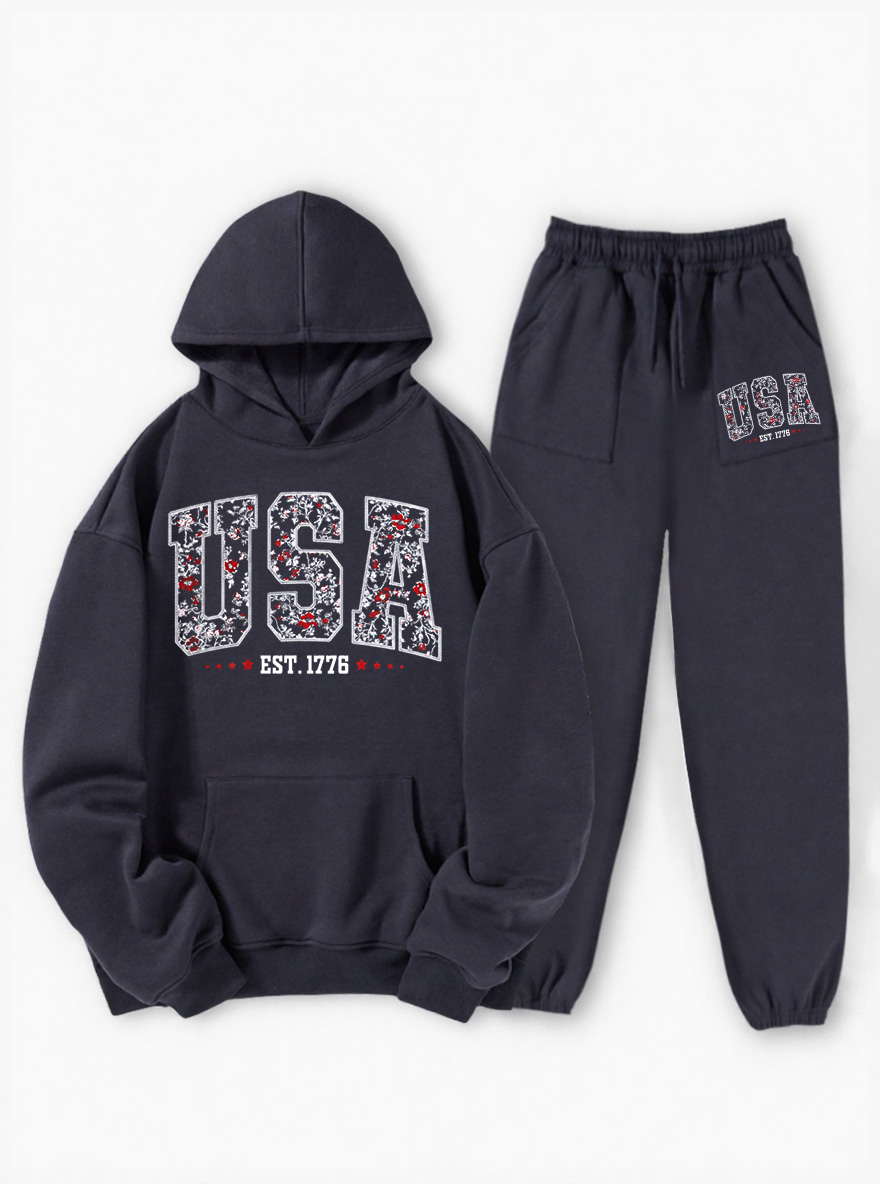 Vintage Floral Usa Oversize Graphic Hoodie Suit