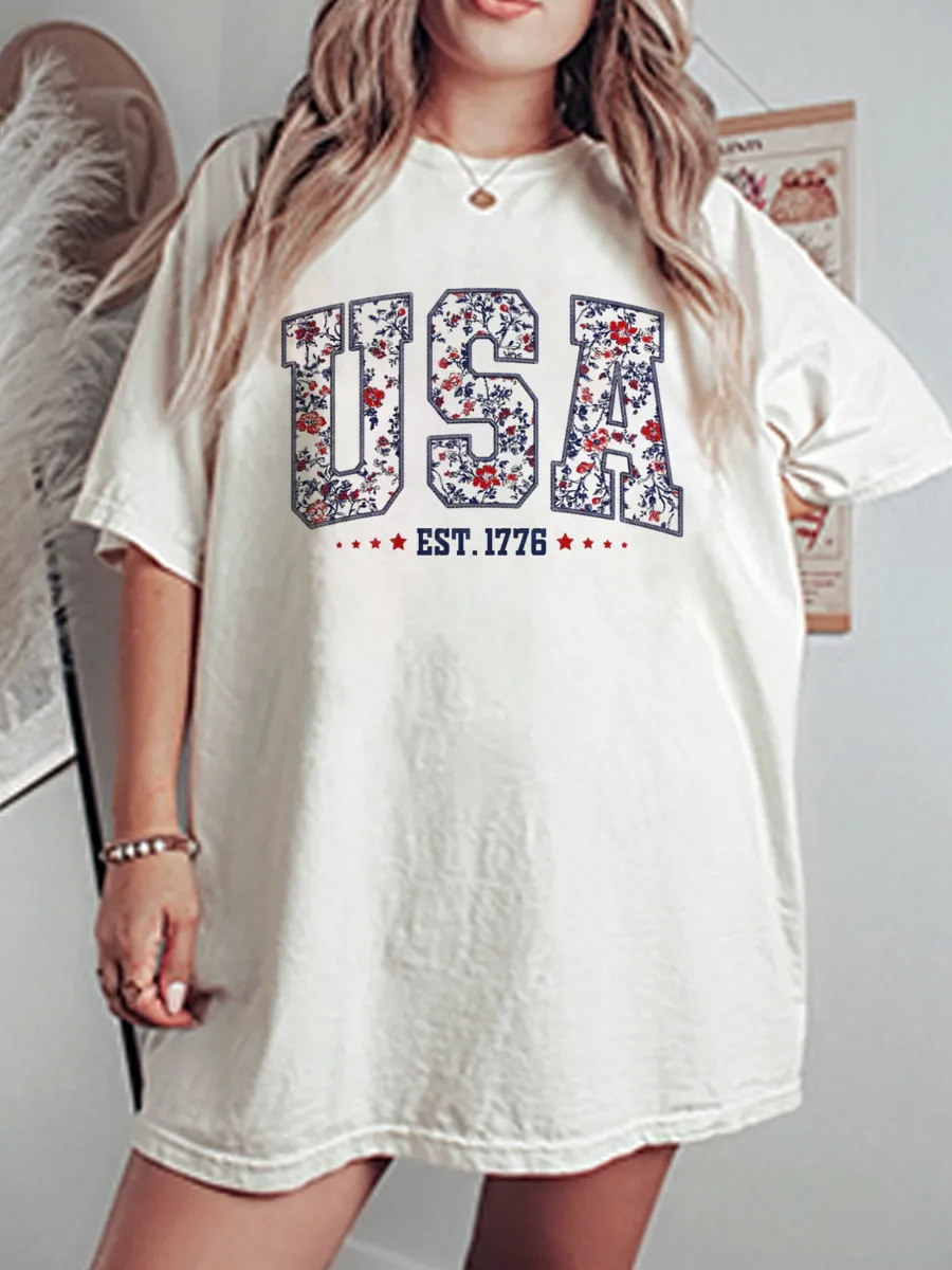 Vintage Floral Usa Oversize Graphic Tee