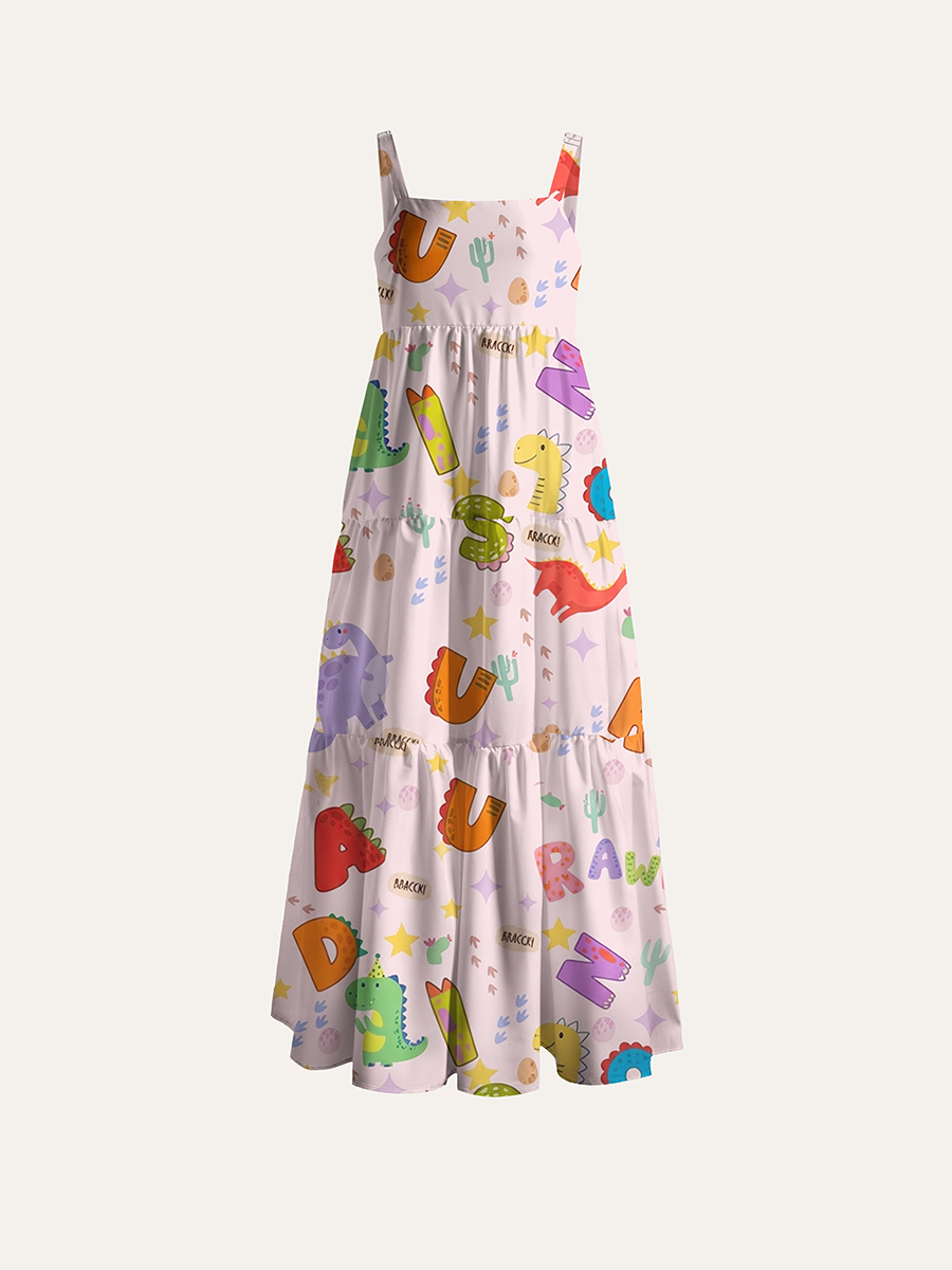 Kidcore Pastel Dino Floral Adjustable Wide Straps Maxi Dress
