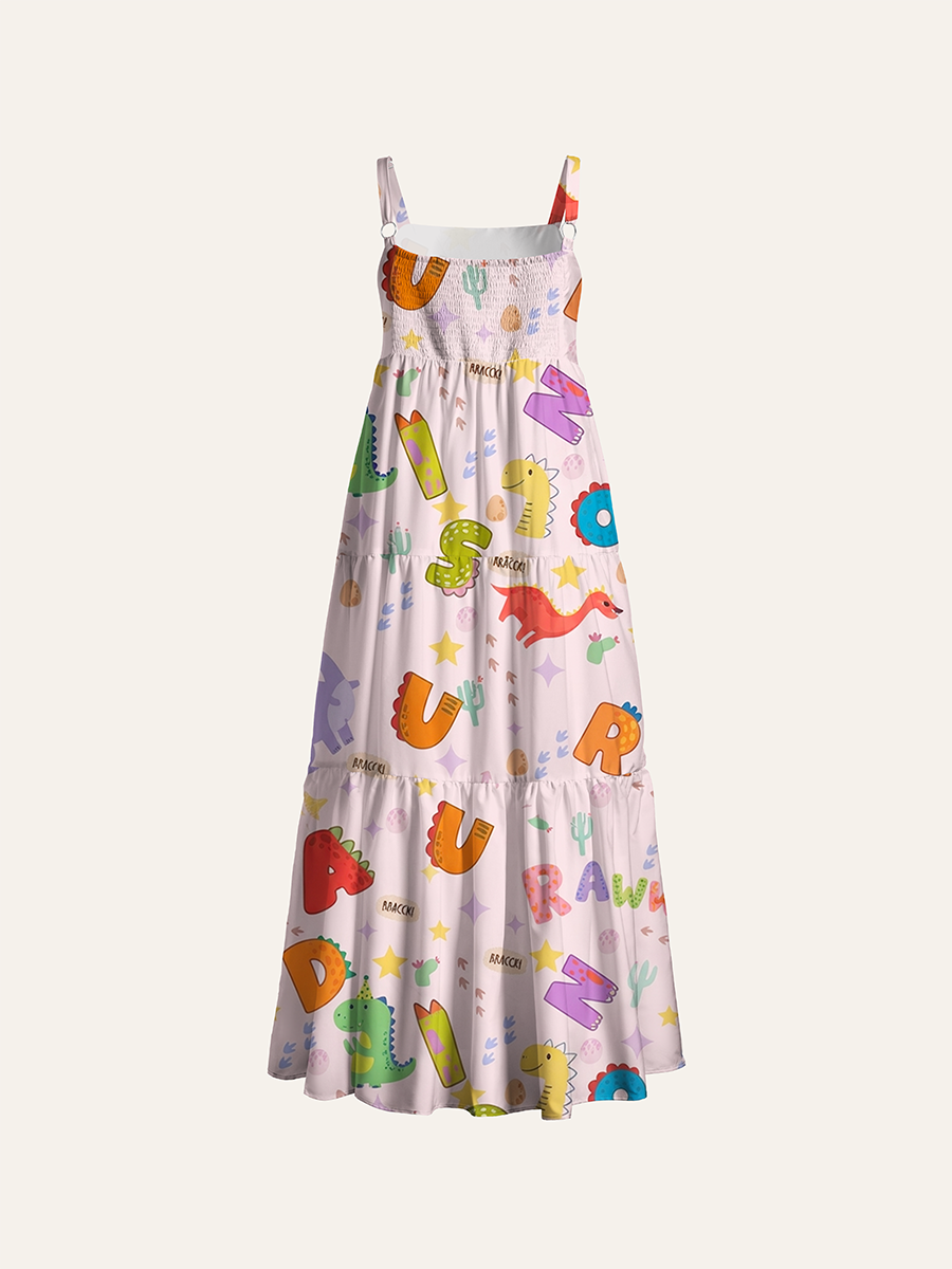 Kidcore Pastel Dino Floral Adjustable Wide Straps Maxi Dress