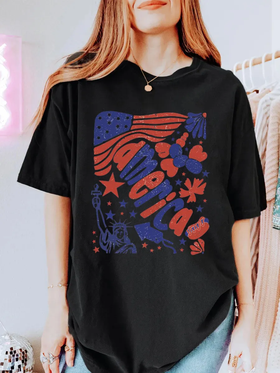 Vintage  4Th July Statue Of Liberty Oversize Graphic Tee