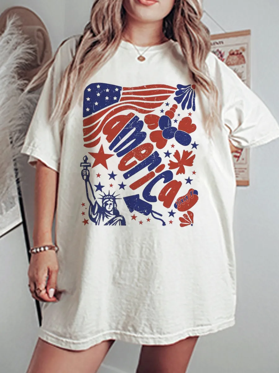 Vintage  4Th July Statue Of Liberty Oversize Graphic Tee