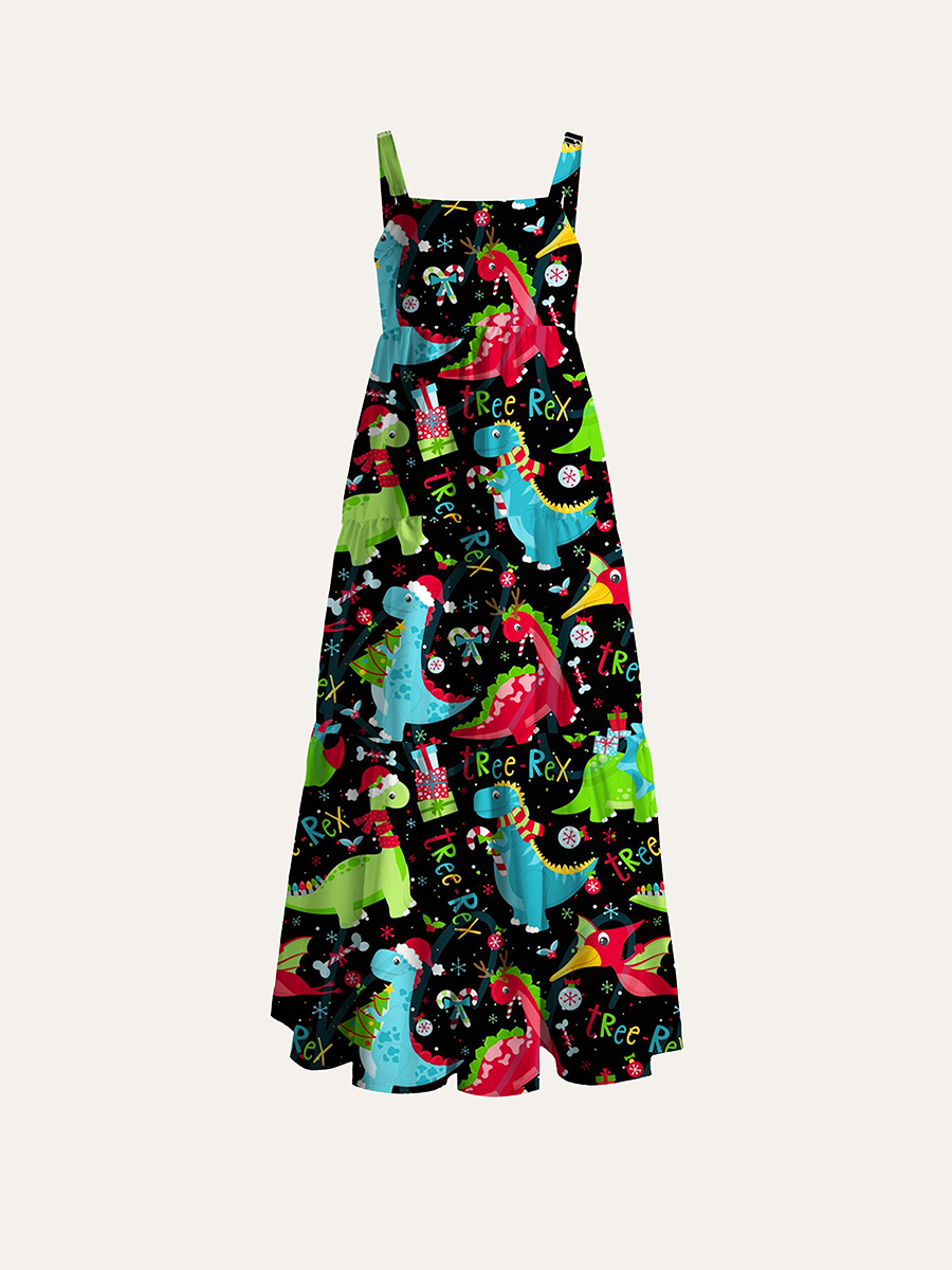 Retro Christmas Kid Dino Adjustable Wide Straps Maxi Dress