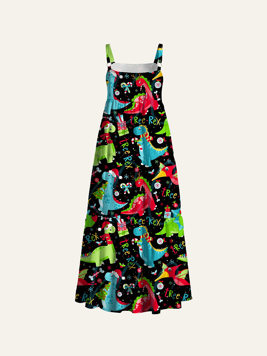 Retro Christmas Kid Dino Adjustable Wide Straps Maxi Dress