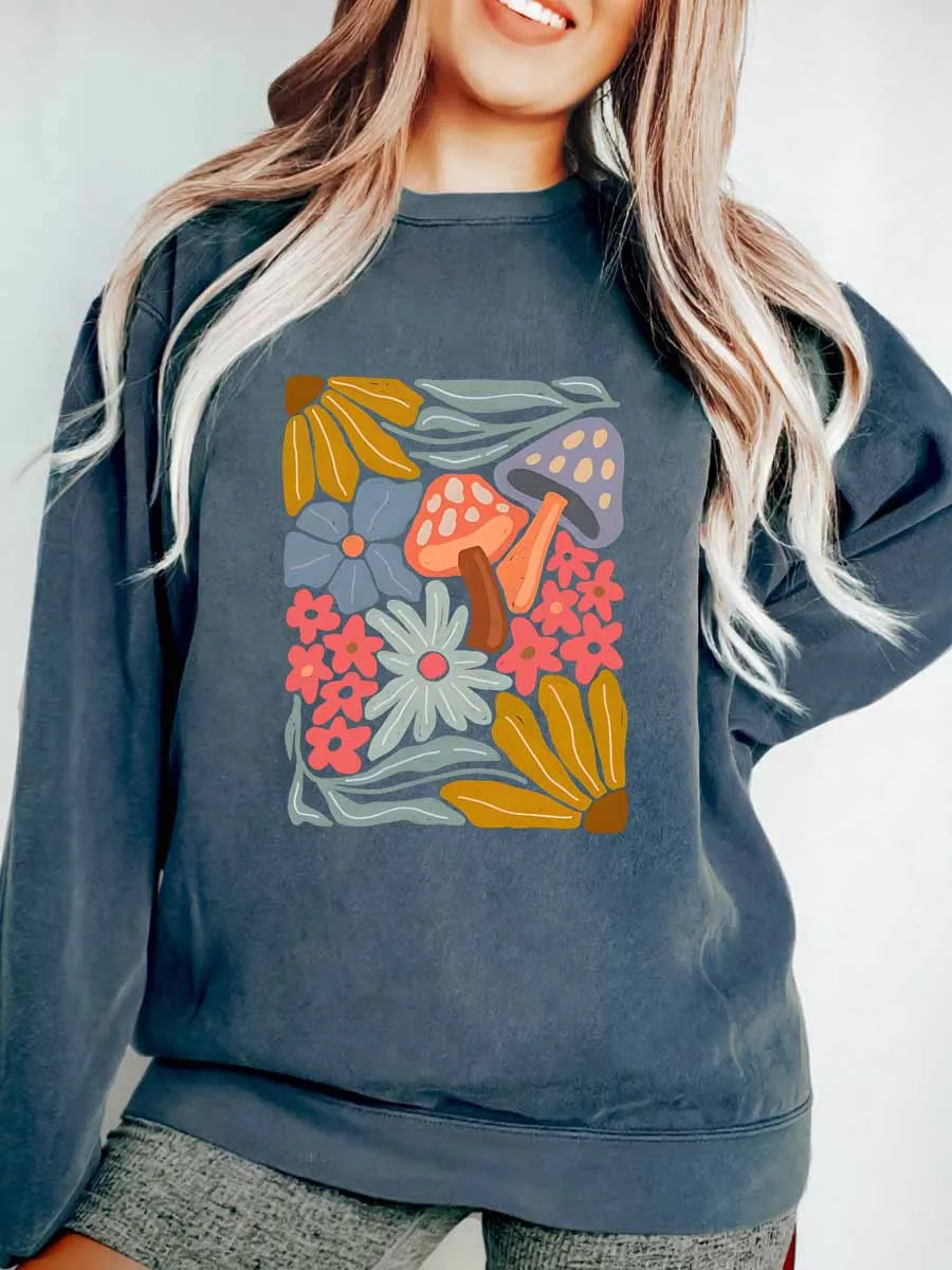 Vintage Abstract Flower And Mushroom  Oversize Graphic Sweatshirt