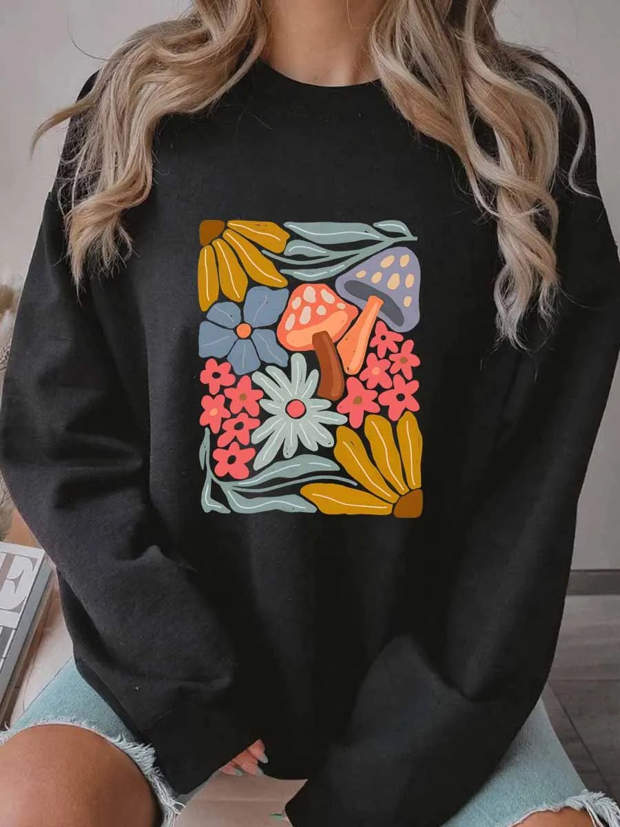 Vintage Abstract Flower And Mushroom  Oversize Graphic Sweatshirt