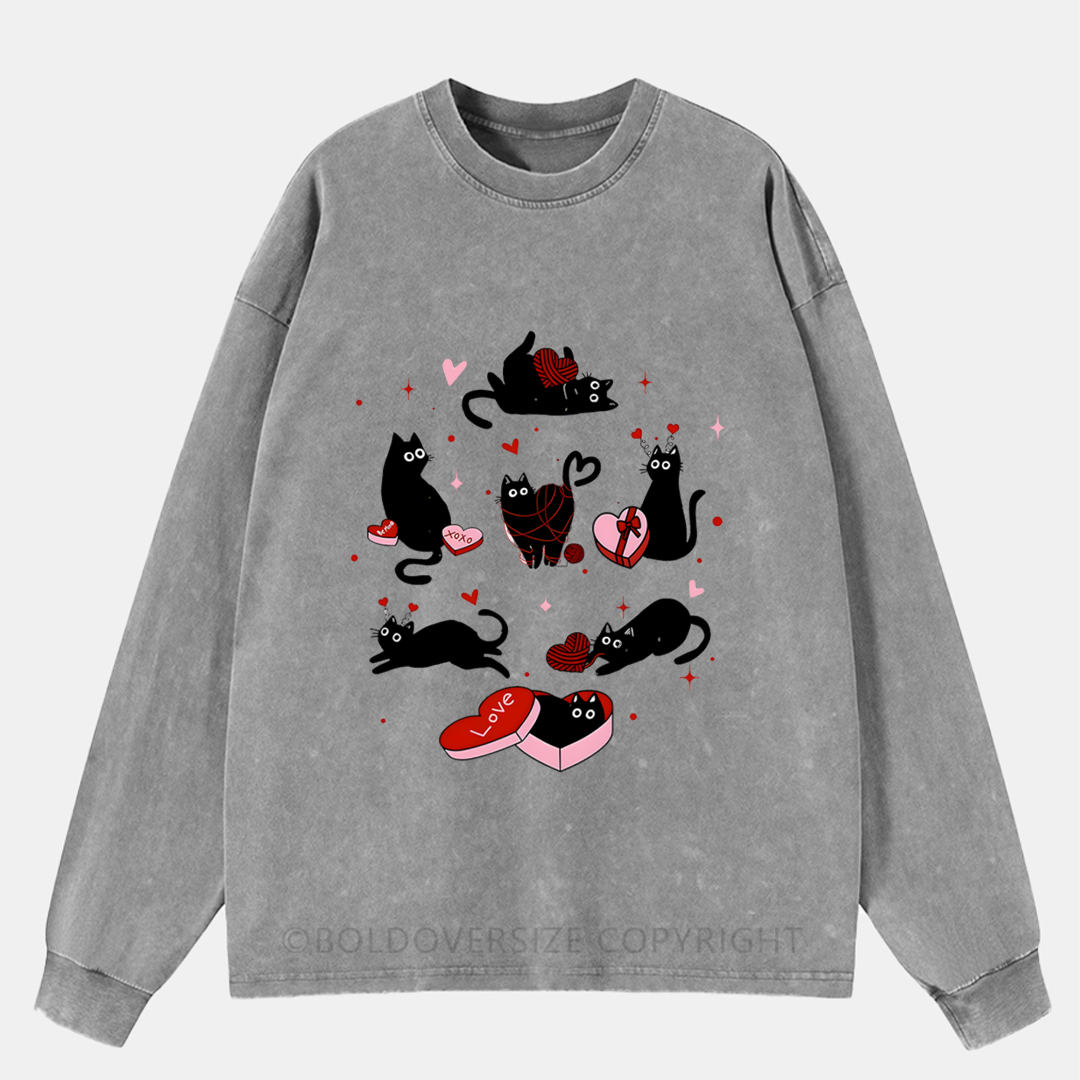 Black Cat Valentine’S Day Washed Long Sleeve Shirt