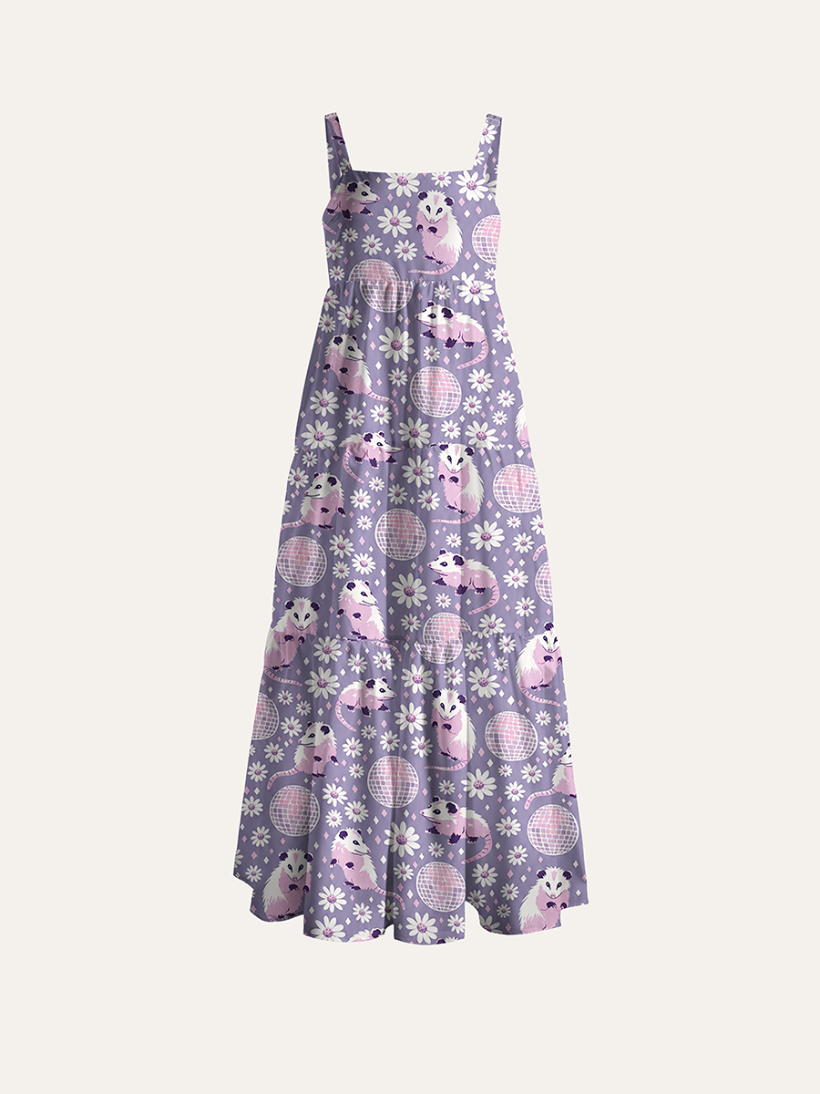 Lavender Disco Opossum Daisy Retro Adjustable Wide Straps Maxi Dress