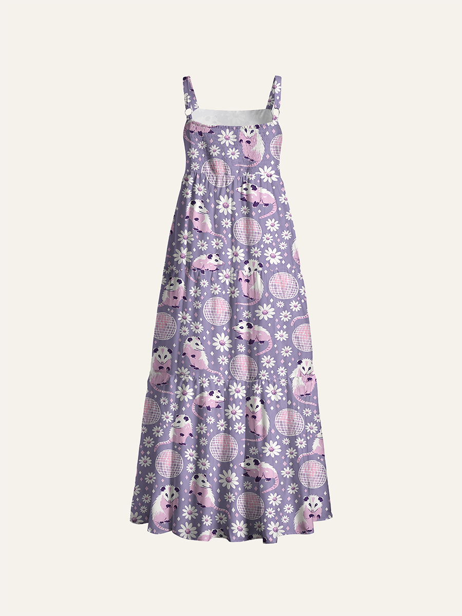 Lavender Disco Opossum Daisy Retro Adjustable Wide Straps Maxi Dress