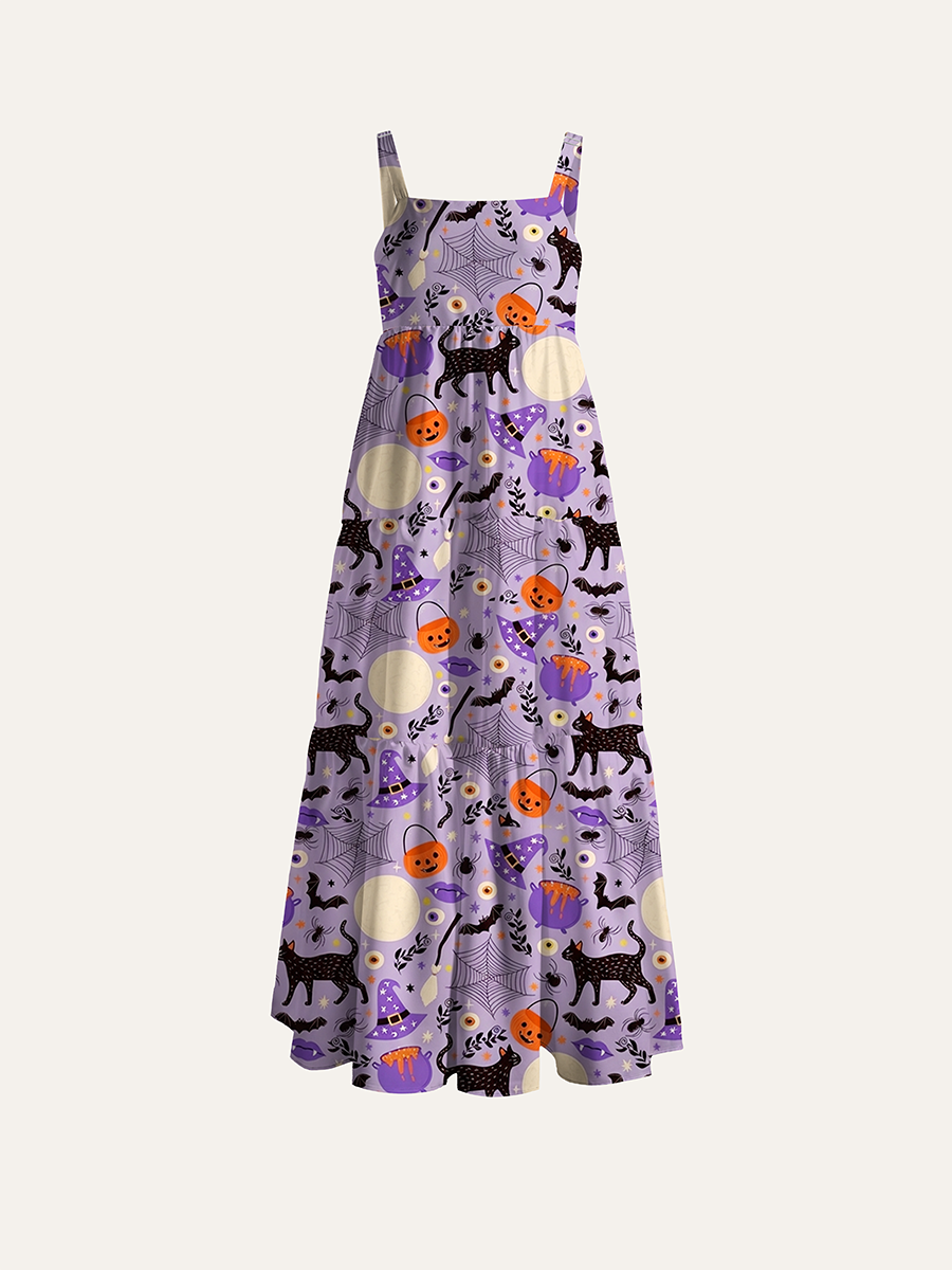 Classic Halloween Black Cat Vintage Adjustable Wide Straps Maxi Dress