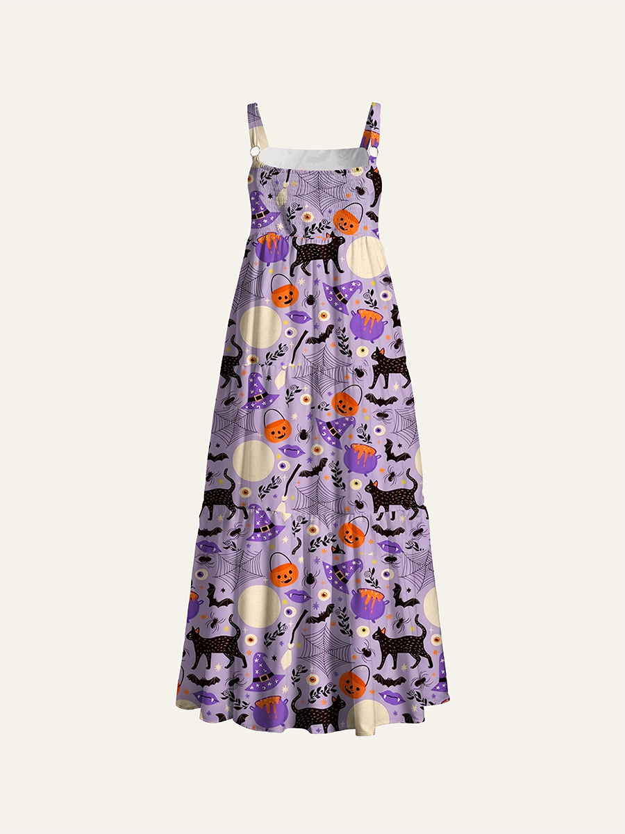 Classic Halloween Black Cat Vintage Adjustable Wide Straps Maxi Dress