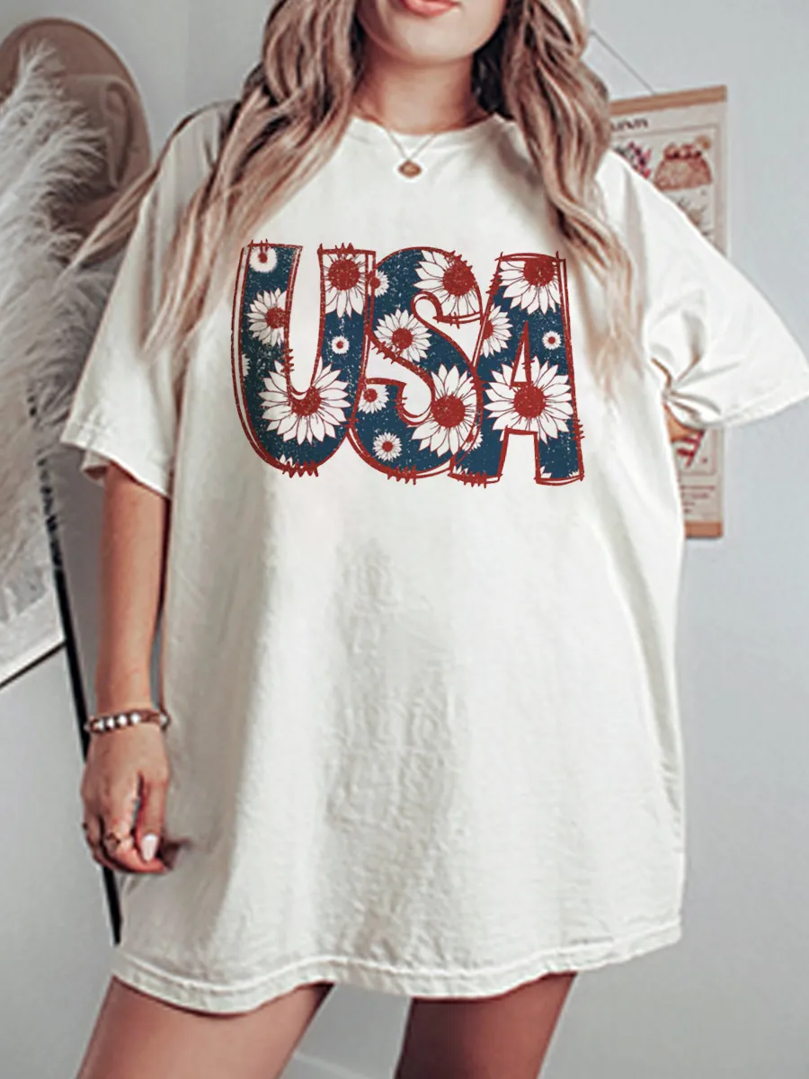 Vintage Floral Usa Oversize Graphic Tee