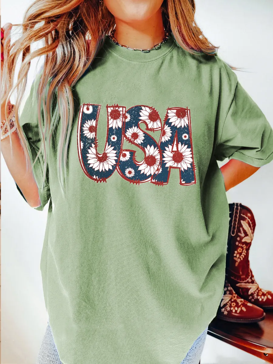 Vintage Floral Usa Oversize Graphic Tee