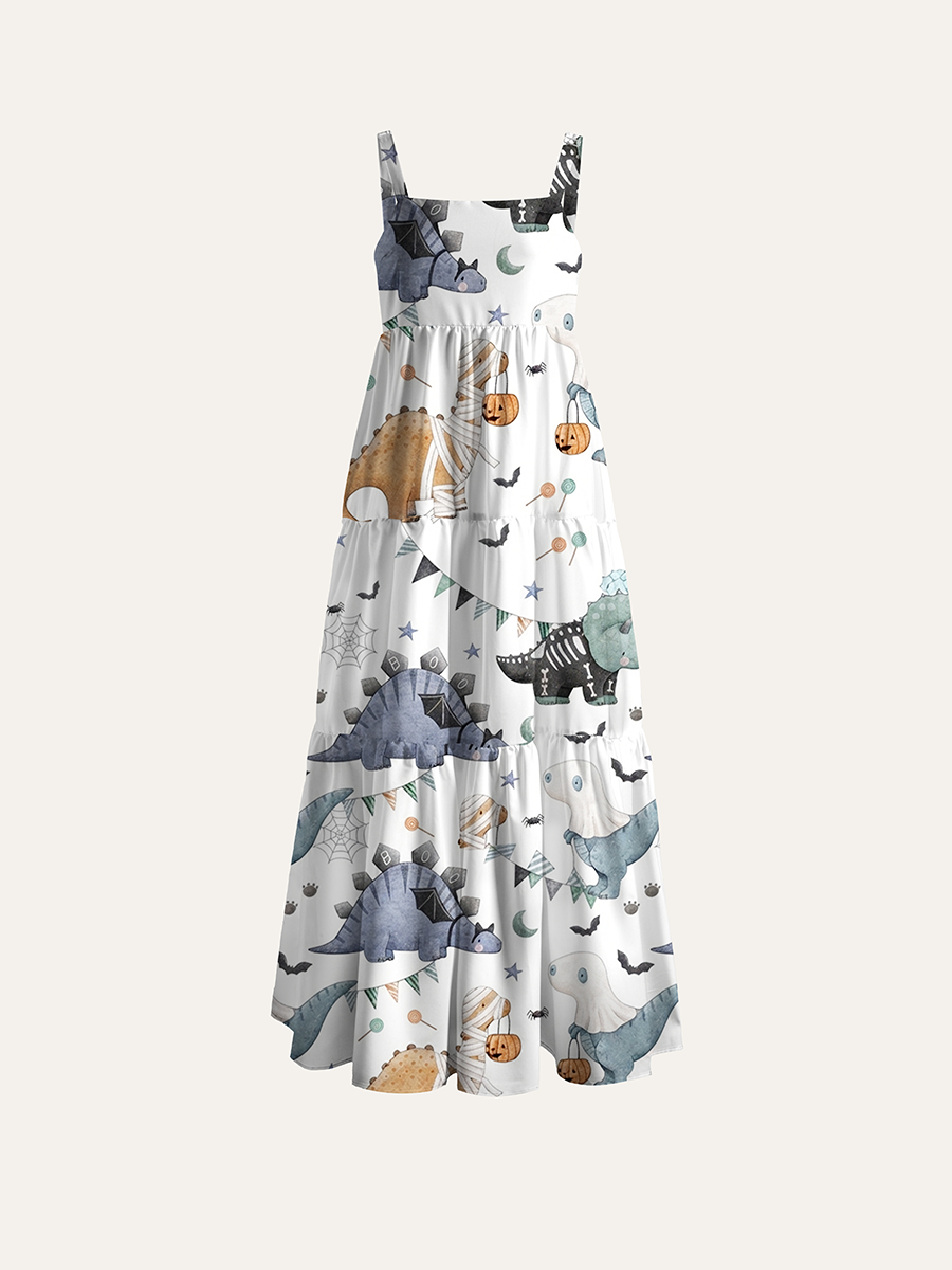 Watercolor Halloween Dinosaur Boo Adjustable Wide Straps Maxi Dress