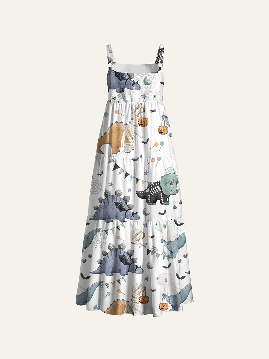 Watercolor Halloween Dinosaur Boo Adjustable Wide Straps Maxi Dress
