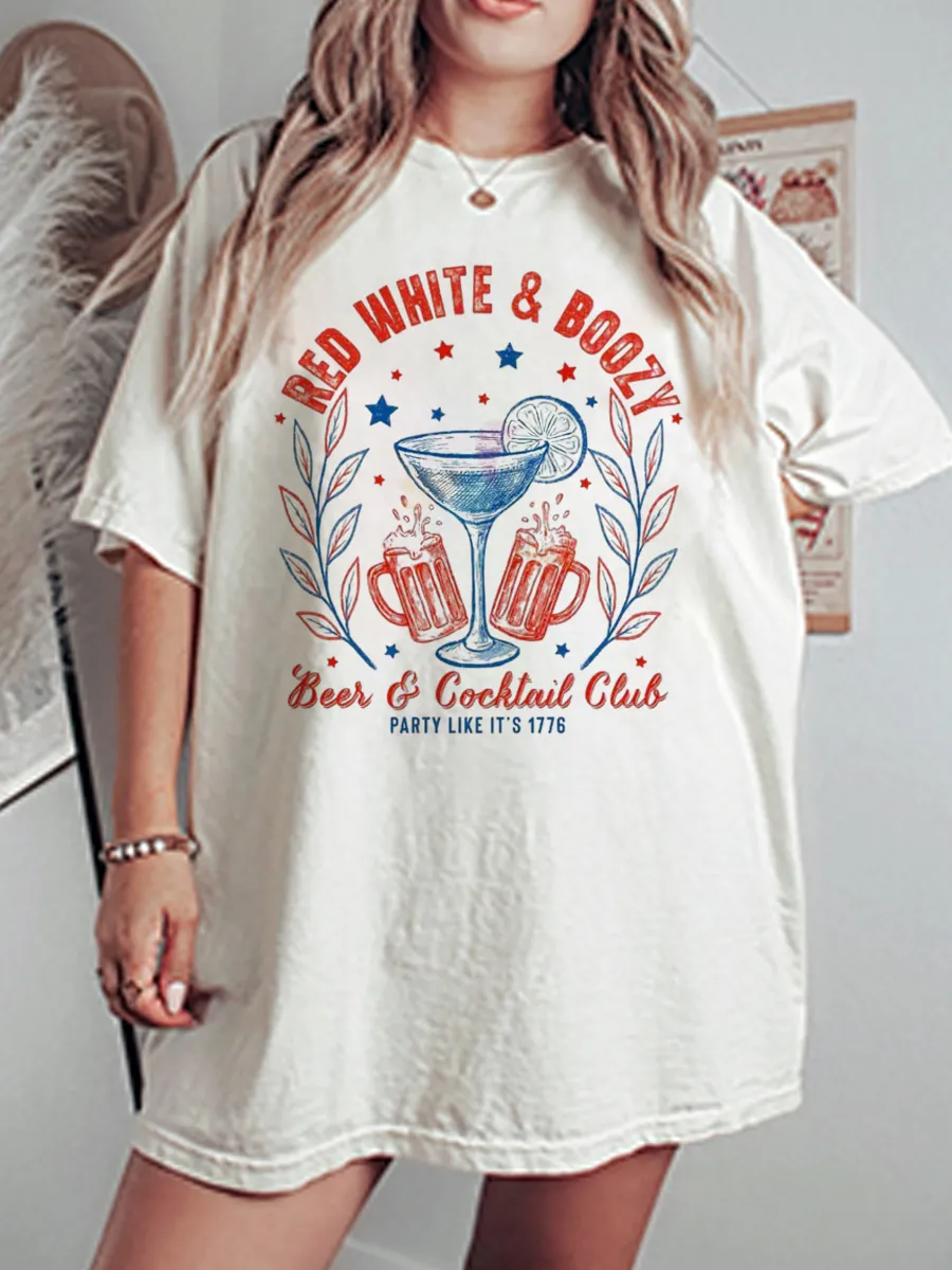 Vintage Red White And Boozy Beer Oversize Graphic Tee