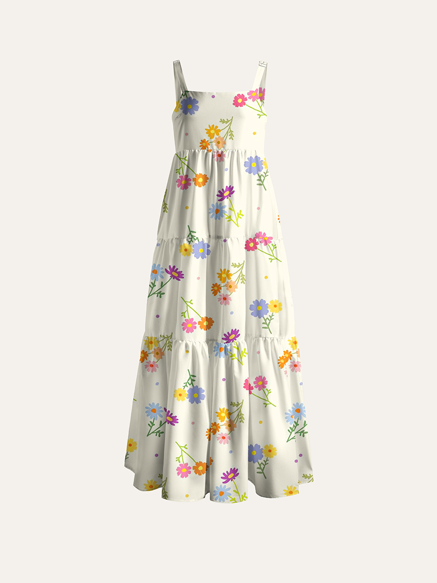 Cream Pastel Mini Daisy Ditsy Floral Adjustable Wide Straps Maxi Dress