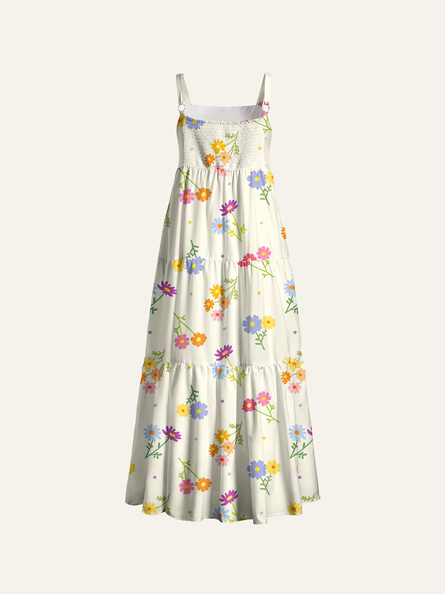 Cream Pastel Mini Daisy Ditsy Floral Adjustable Wide Straps Maxi Dress