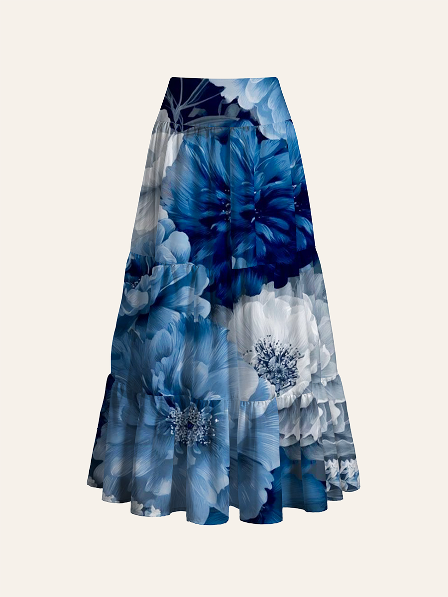 Indigo Blue and White Peony Watercolor Convertible Maxi Skirts