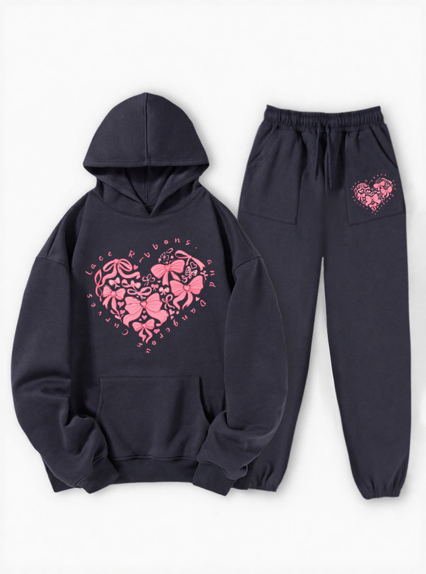 Vintage Lace Heart Fleece Hoodie Suit