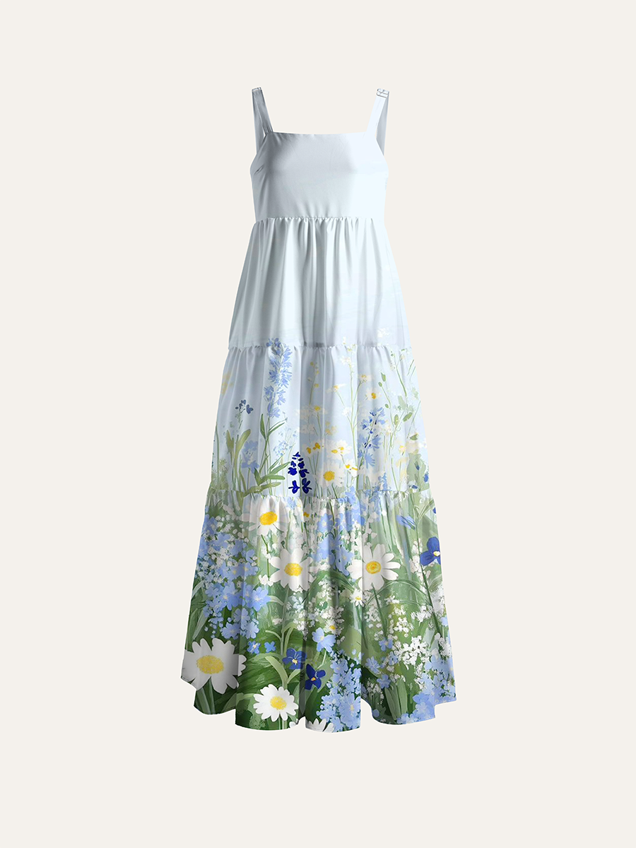 Oil Painting Blue Wild Daisy Meadow Adjustable Wide Straps Maxi Dress