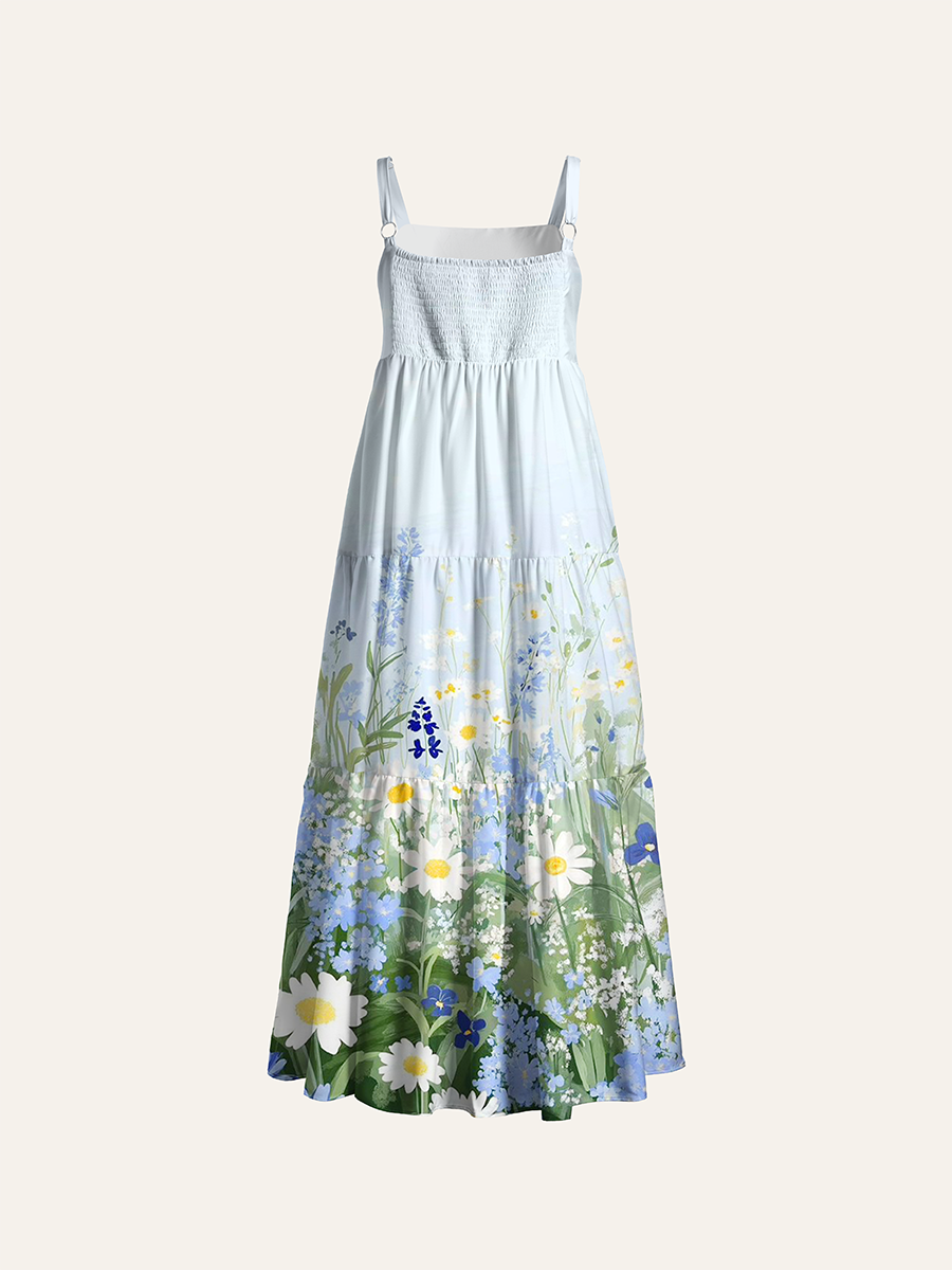 Oil Painting Blue Wild Daisy Meadow Adjustable Wide Straps Maxi Dress
