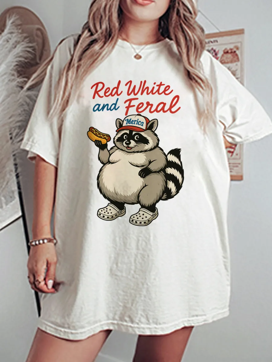 Vintage Red White And Feral Oversize Graphic Tee