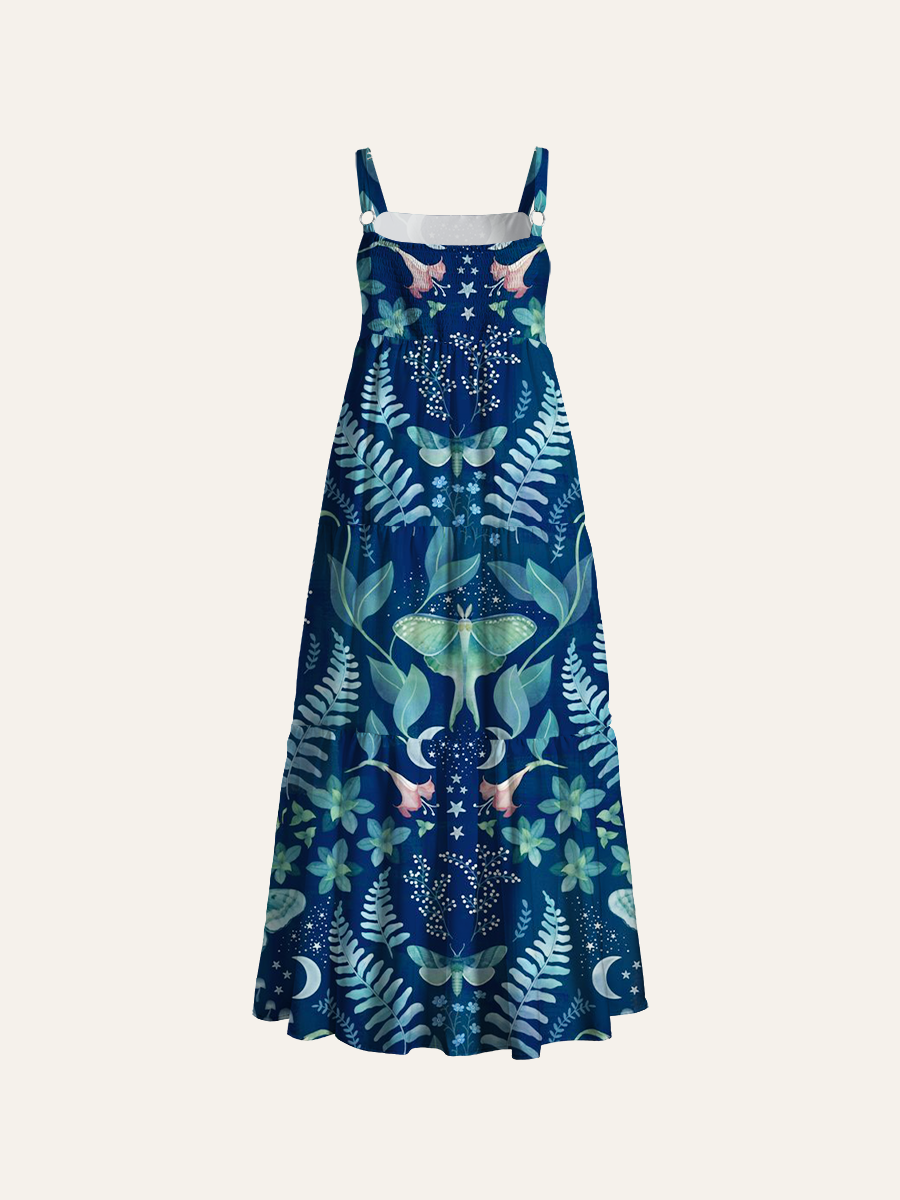 Celestial Night Garden Print Adjustable Wide Straps Maxi Dress