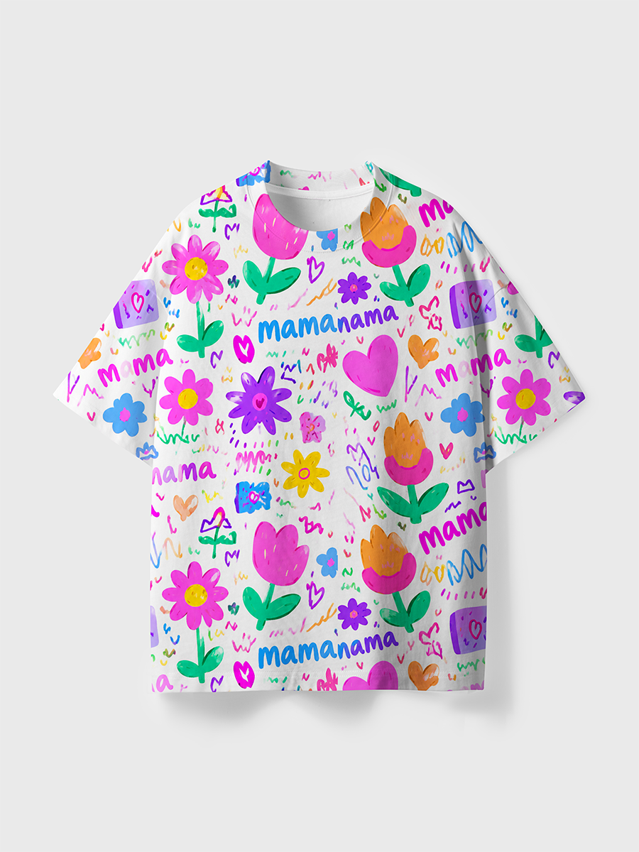 Vintage Crayon Tulip Mama Kids Doodle All Over Print T-Shirt
