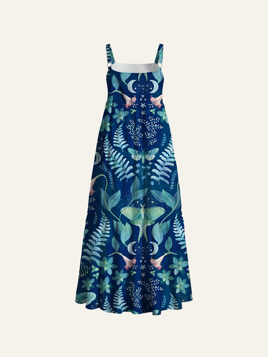 Celestial Night Garden Print Adjustable Wide Straps Maxi Dress