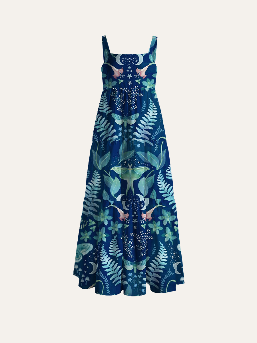 Celestial Night Garden Print Adjustable Wide Straps Maxi Dress