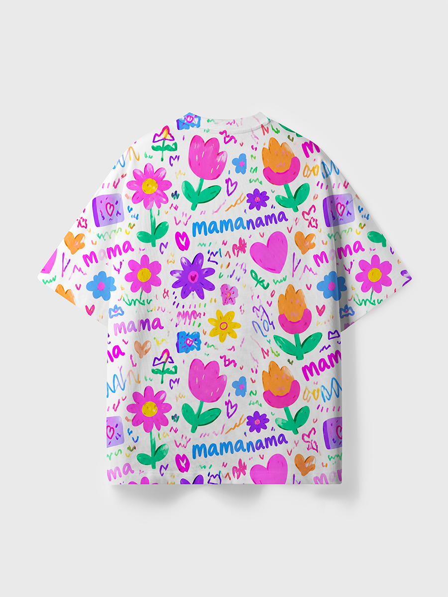Vintage Crayon Tulip Mama Kids Doodle All Over Print T-Shirt