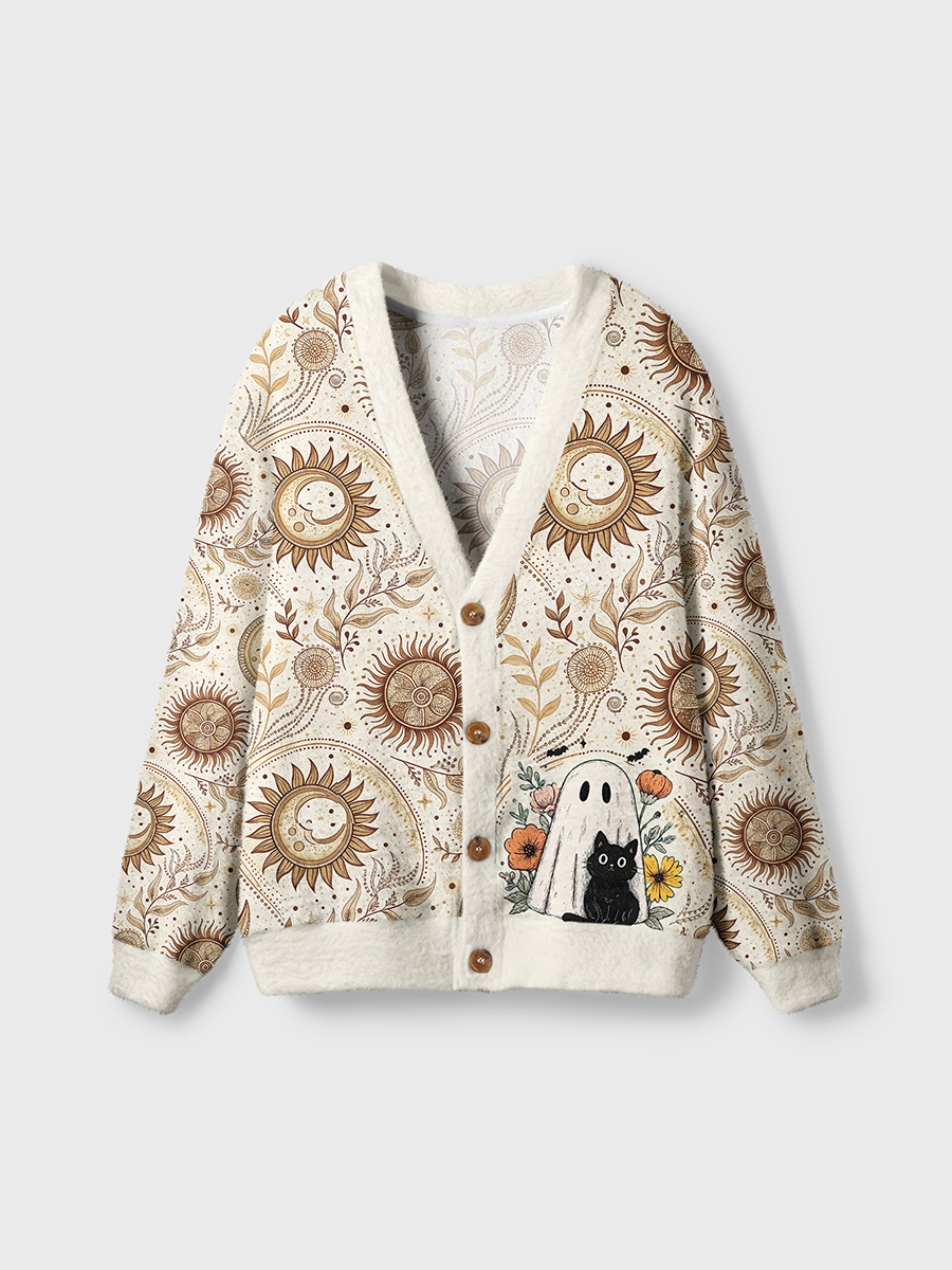 Vintage Spooky Season Black Cat And Ghost Cardigan Sweaters