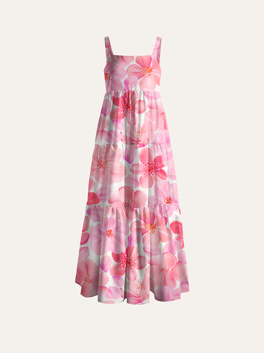 Gradient Pink Cherry Blossom Adjustable Wide Straps Maxi Dress