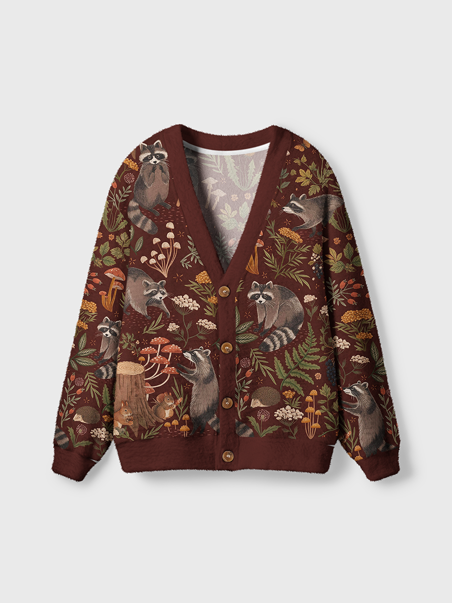 Vintage Forest Raccoon Wild Strawberry Cardigan Sweaters