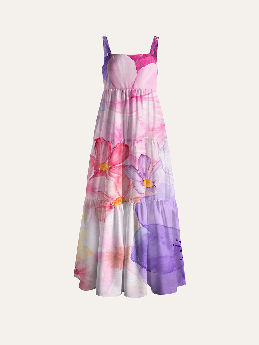 Watercolor Pink Purple Mixed Bloom Adjustable Wide Straps Maxi Dress