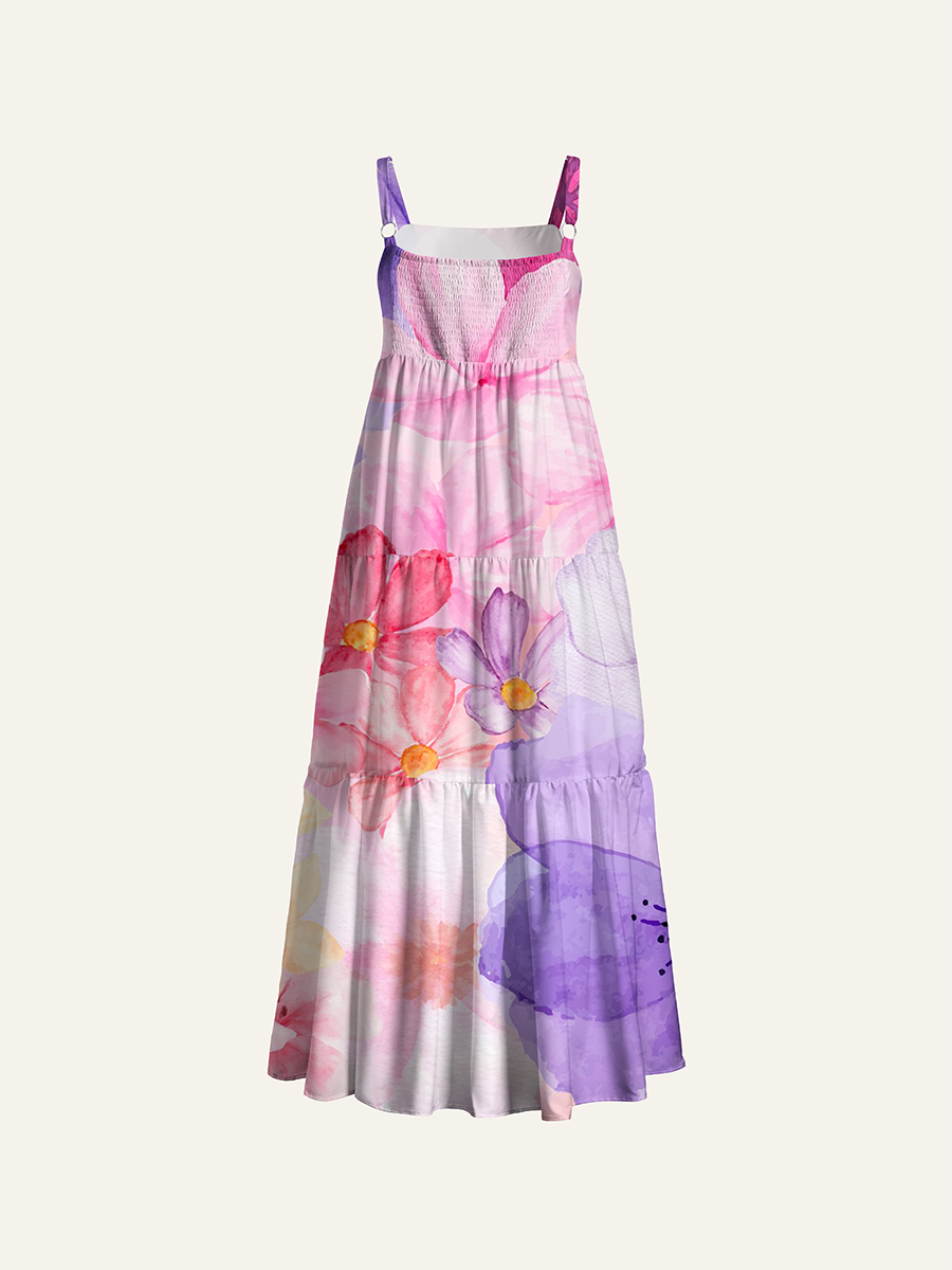 Watercolor Pink Purple Mixed Bloom Adjustable Wide Straps Maxi Dress