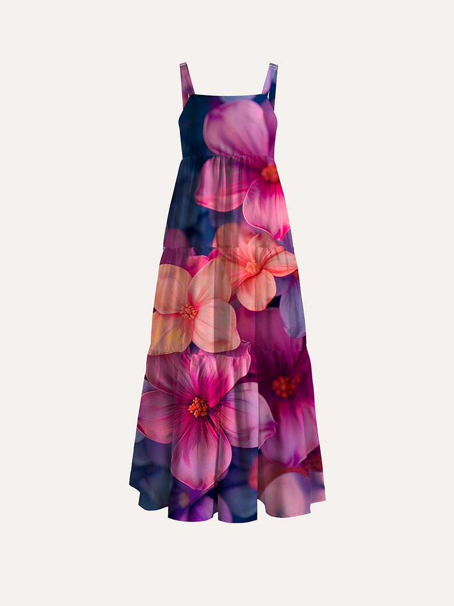 Gradient Pink Purple 3D Floral Adjustable Wide Straps Maxi Dress