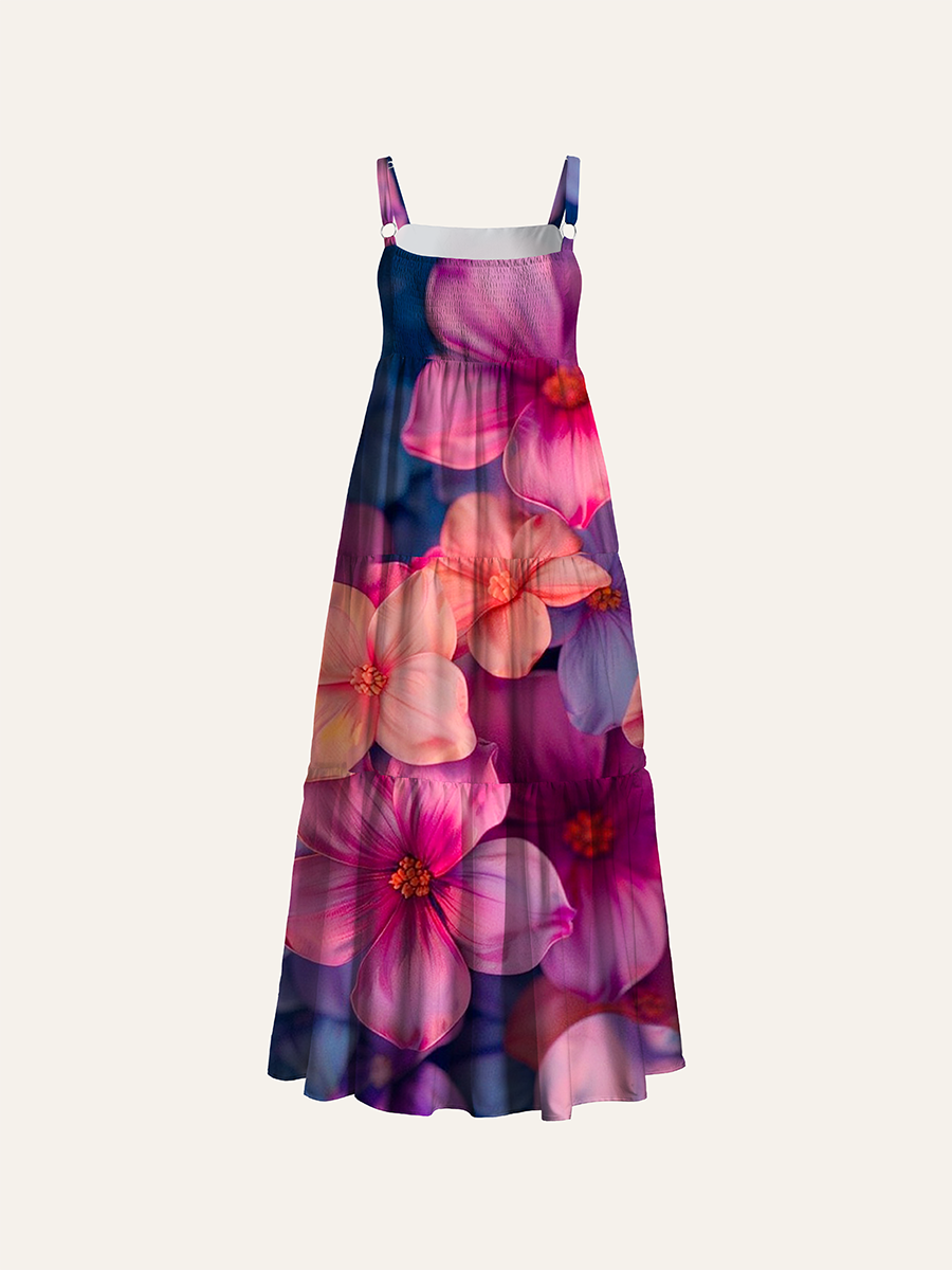 Gradient Pink Purple 3D Floral Adjustable Wide Straps Maxi Dress