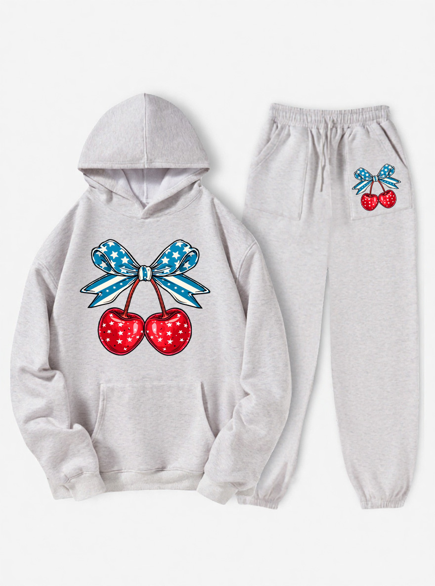Vintage Cherry Bow 4Th Of July Oversize Graphic Hoodie Suit