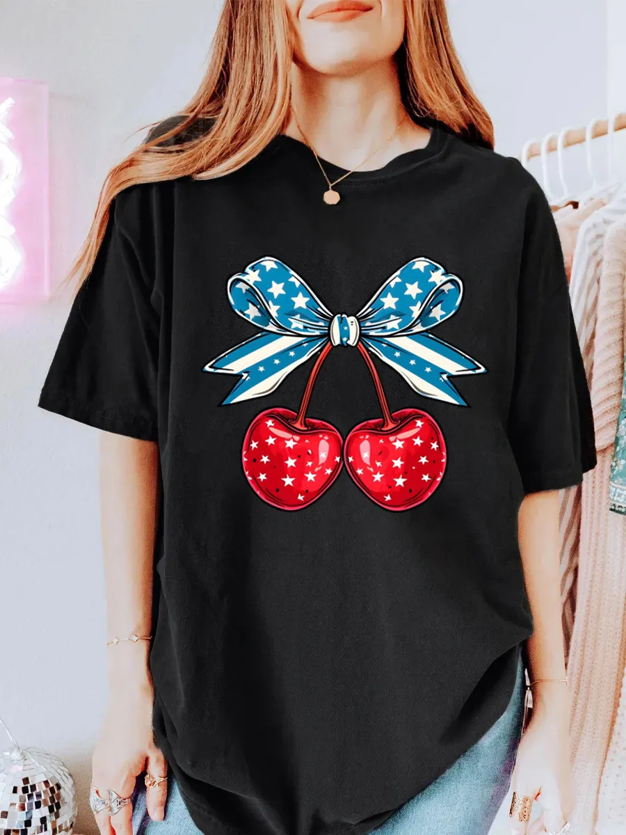 Vintage Cherry Bow 4Th Of July Oversize Graphic Tee