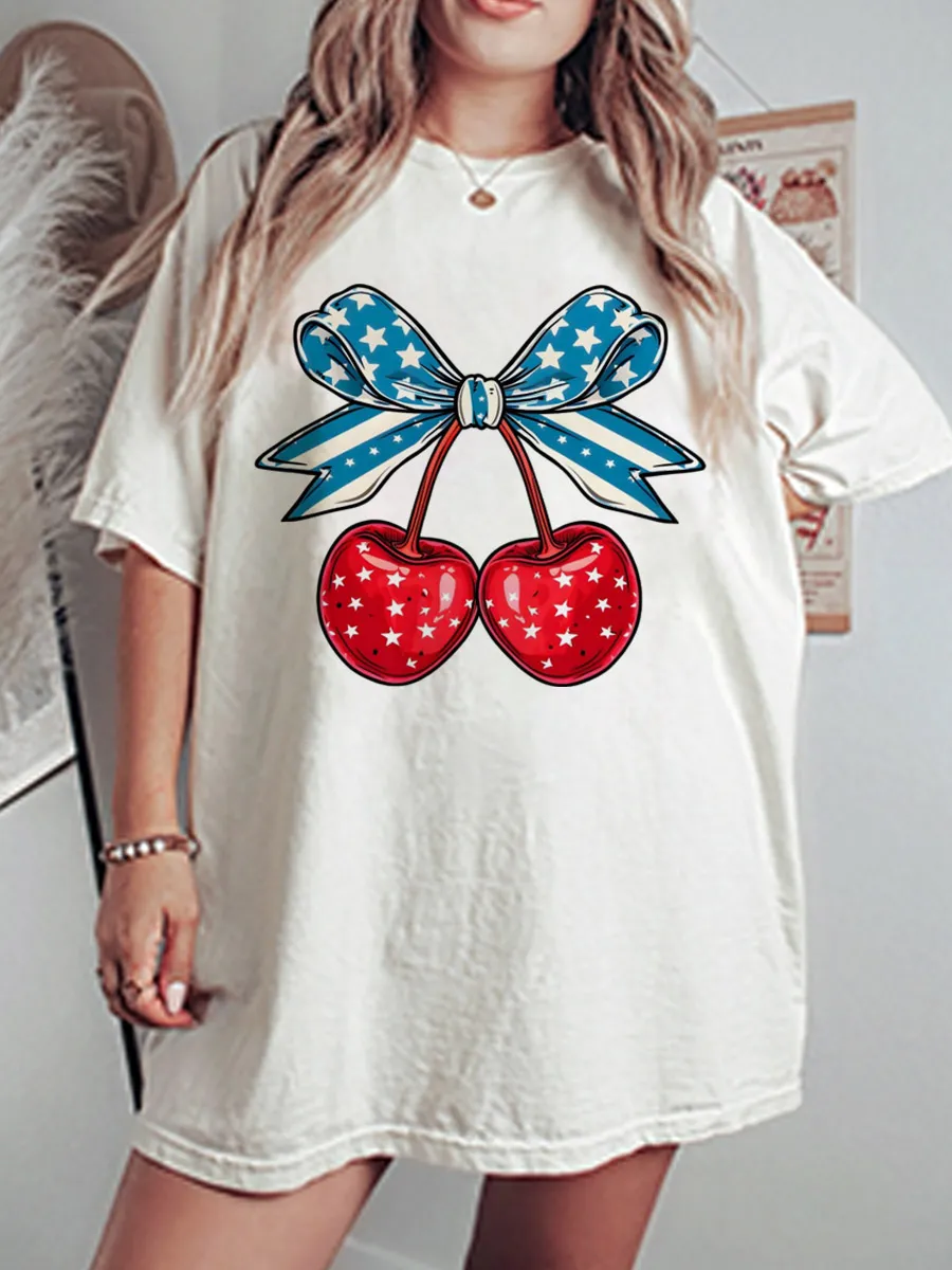 Vintage Cherry Bow 4Th Of July Oversize Graphic Tee