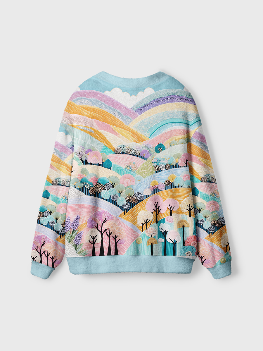 Vintage Dreamy Pastel Paper-Art Style Hills and Trees Cardigan Sweaters