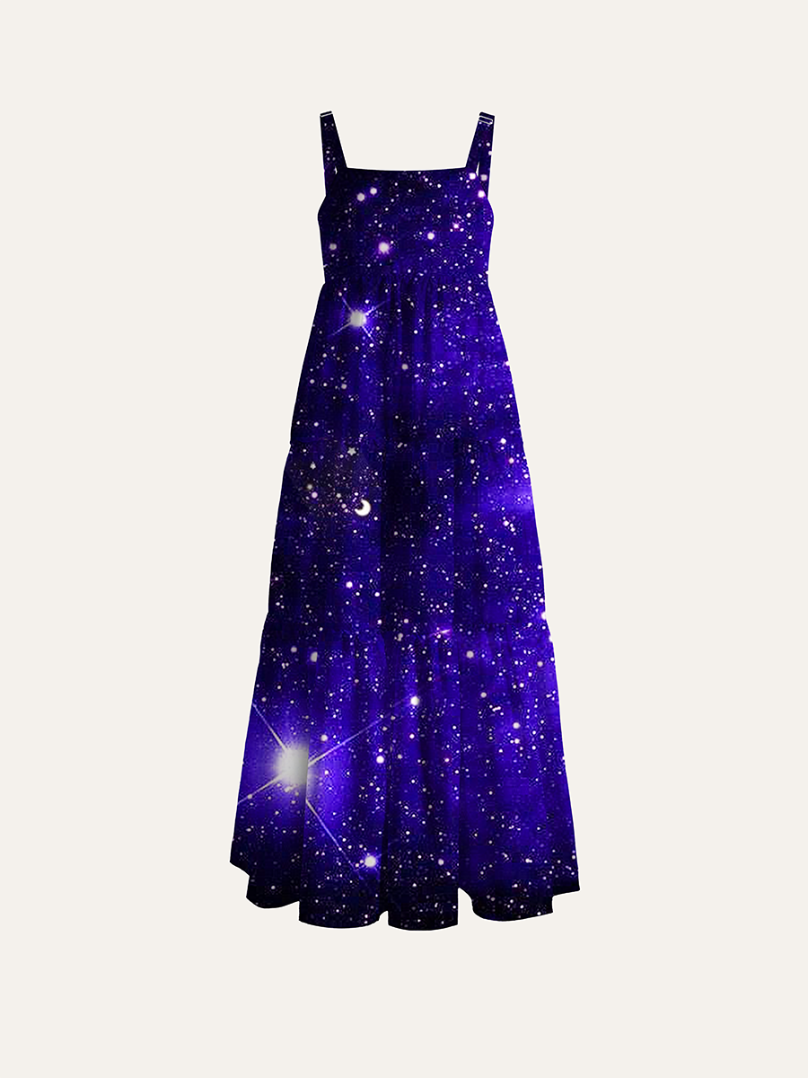Dark Purple Cosmic Star Moon Galaxy Adjustable Wide Straps Maxi Dress