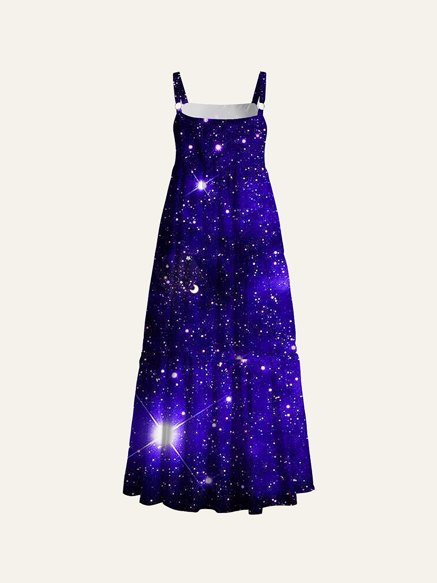 Dark Purple Cosmic Star Moon Galaxy Adjustable Wide Straps Maxi Dress