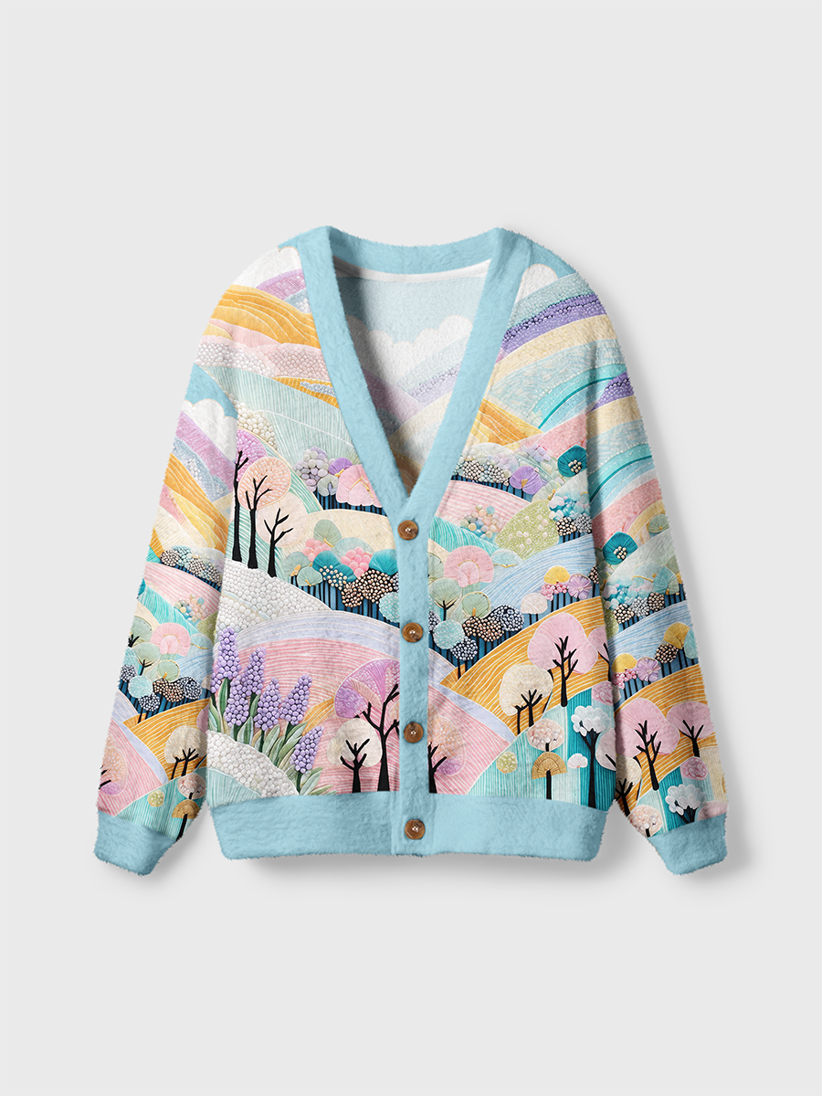Vintage Dreamy Pastel Paper-Art Style Hills and Trees Cardigan Sweaters