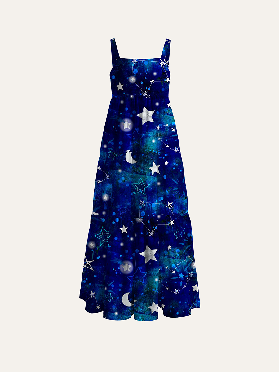 Dark Blue Watercolor Constellation Star Moon Galaxy Adjustable Wide Straps Maxi Dress