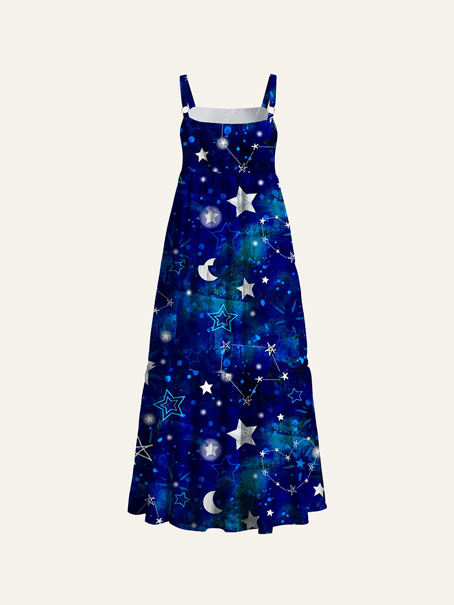 Dark Blue Watercolor Constellation Star Moon Galaxy Adjustable Wide Straps Maxi Dress